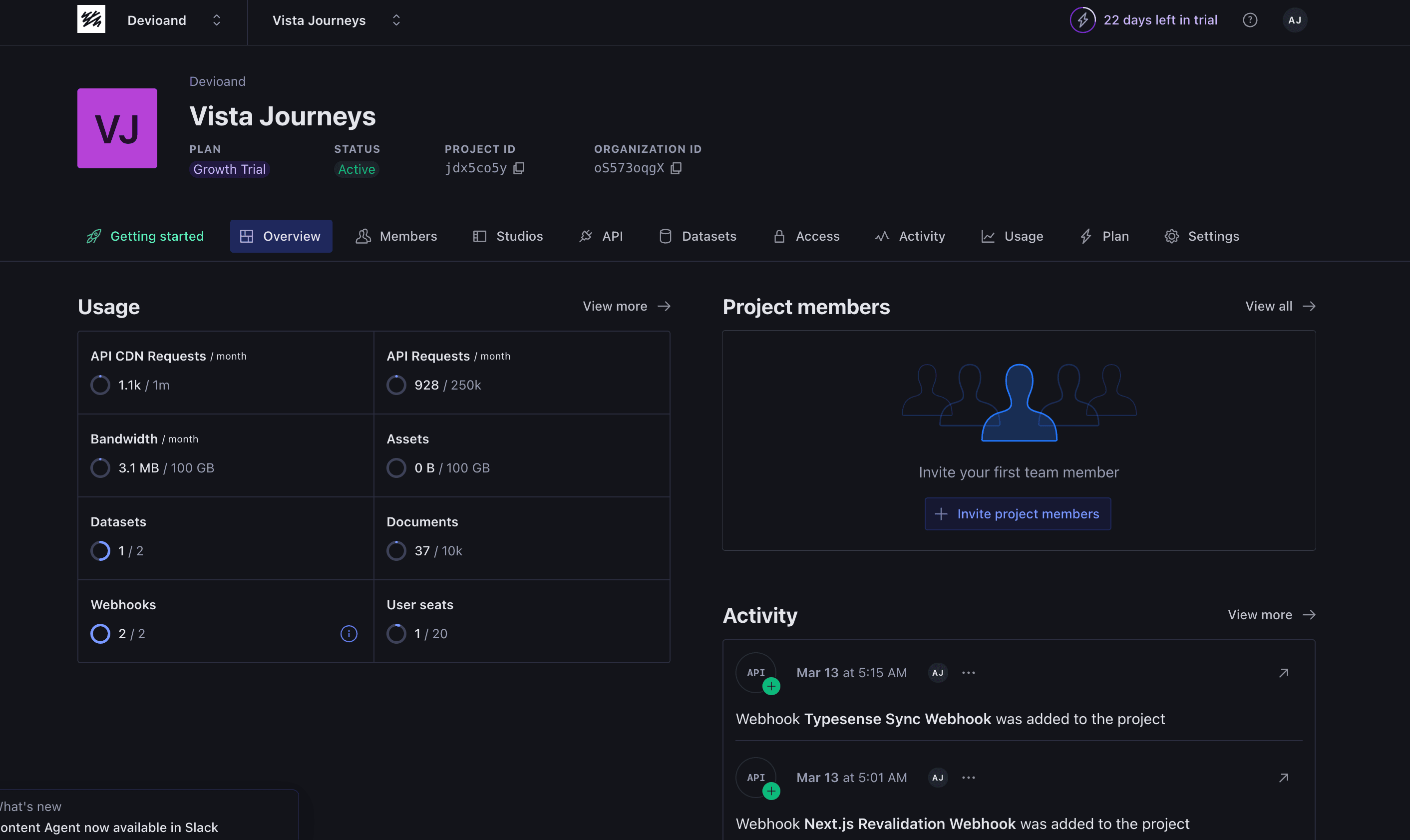 Sanity Studio dashboard overview showing project activity, recent edits, and content structure