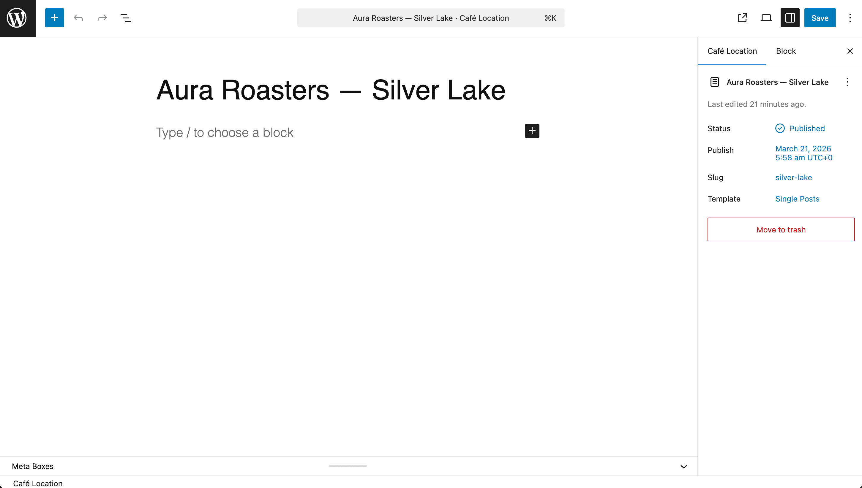 WordPress custom post type editor showing WooCommerce product fields and ACF custom fields