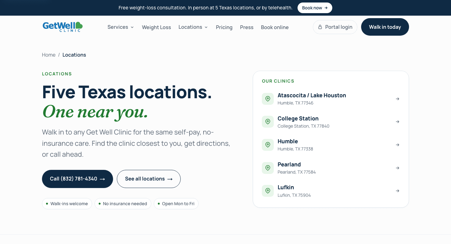 The Get Well Clinic locations hub listing five Texas clinics