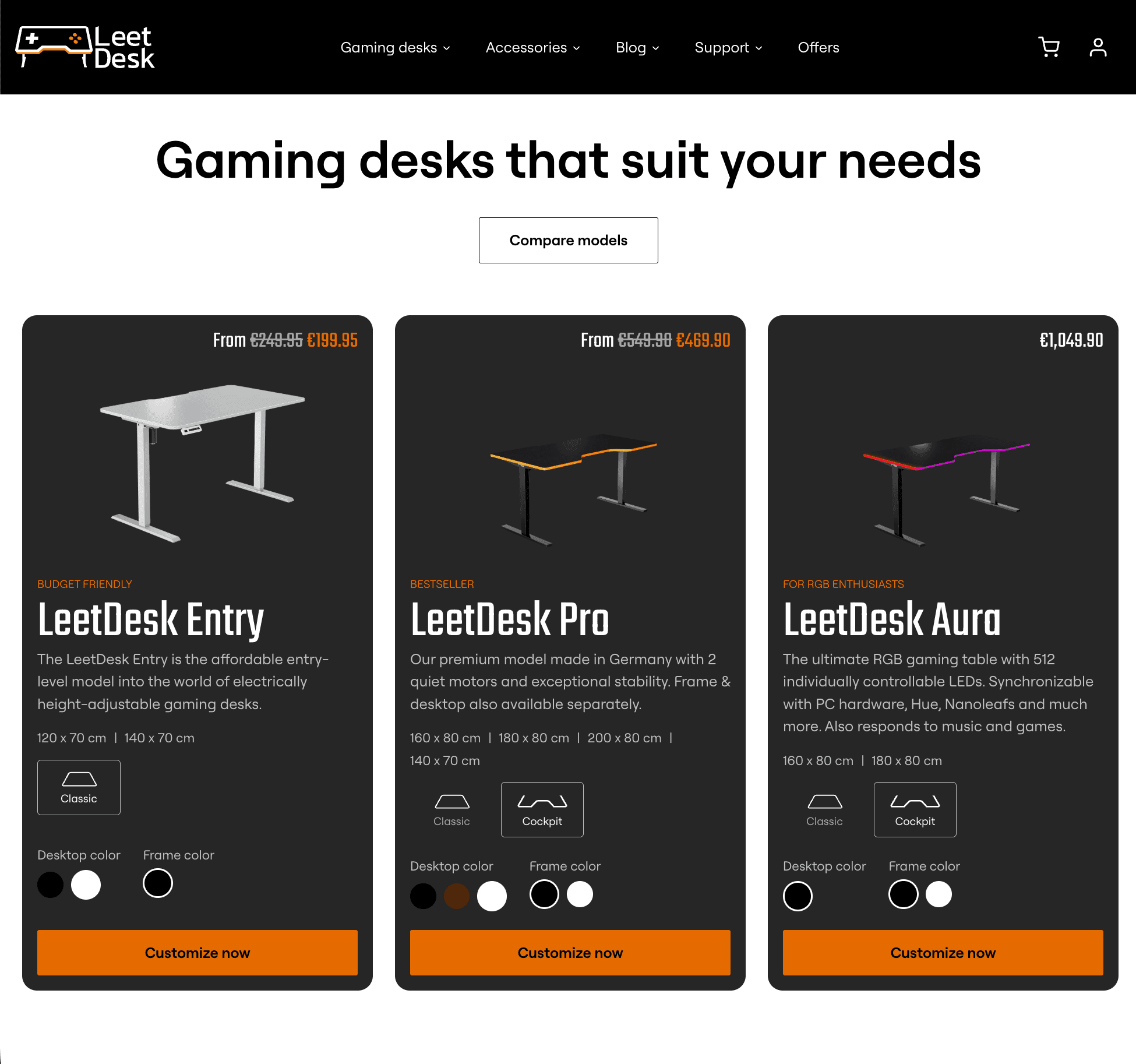 LeetDesk product tiers with live Shopify pricing, variants and customize actions